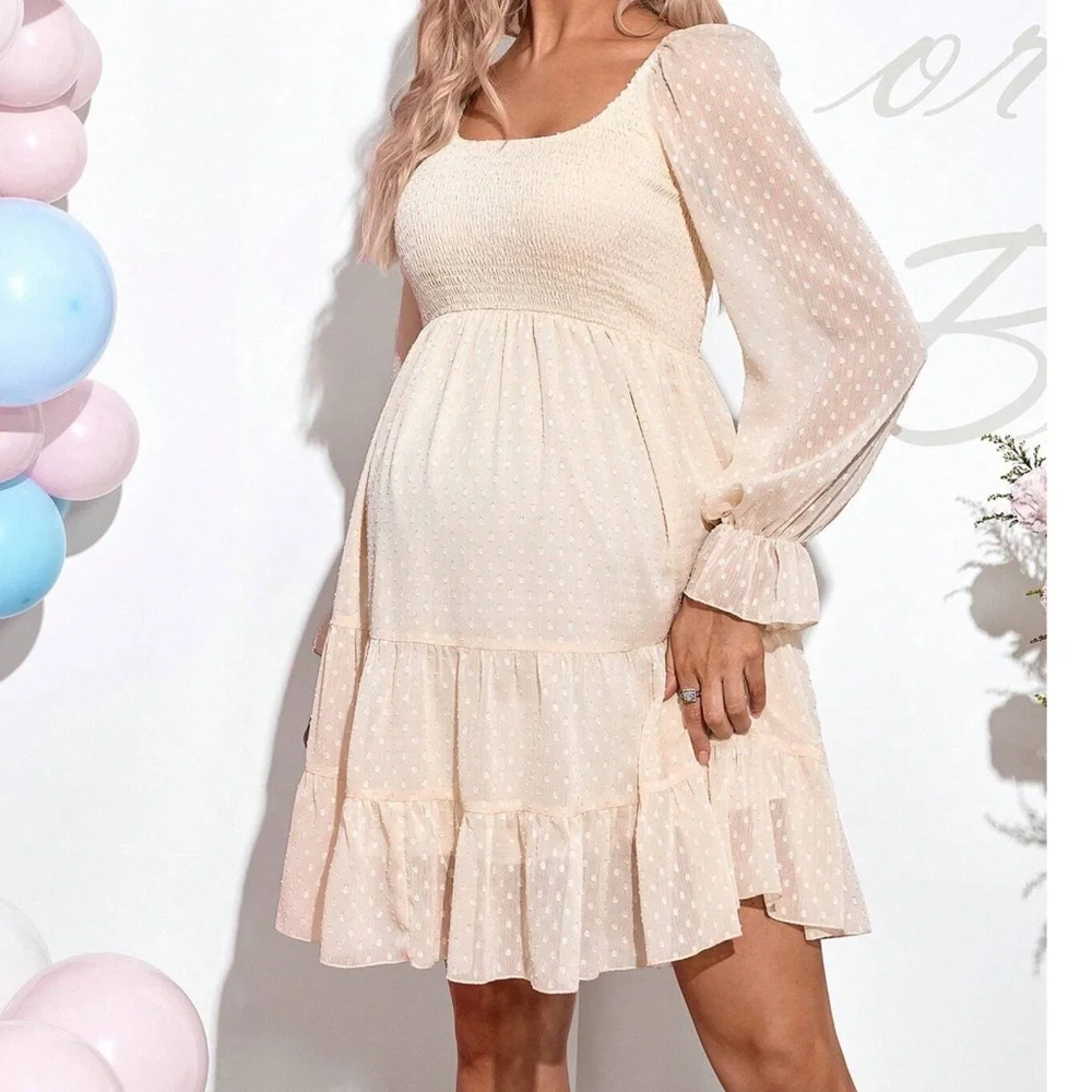 Maternity Polka Dot Shirred Bust Long Sleeve Ruffle Mini Dress